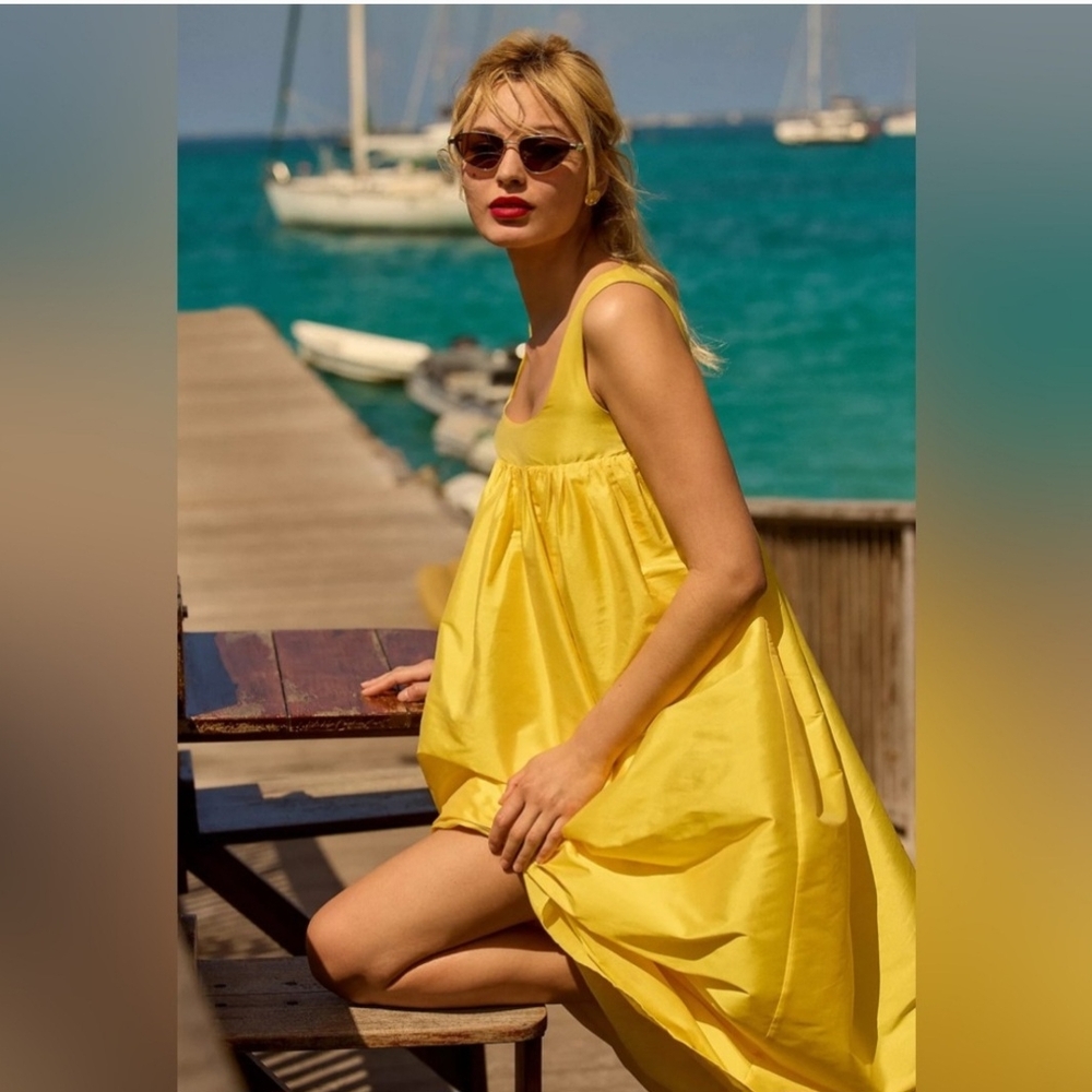 Anthropologie Size S Babydoll Maxi Dress Yellow Summer Vacation Wedding Cocktail